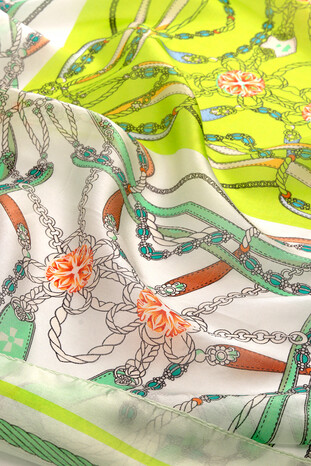 Green Patterned Voile Silk Imported Scarf - Thumbnail