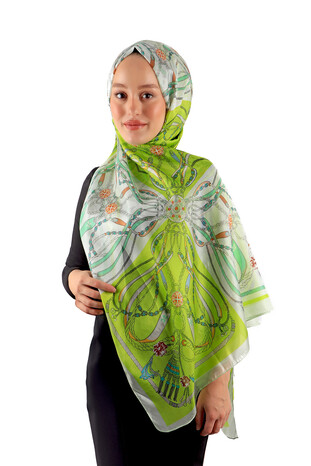 Green Patterned Voile Silk Imported Scarf - Thumbnail