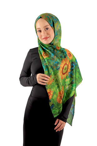 Green Patterned Voile Silk Imported Scarf - Thumbnail