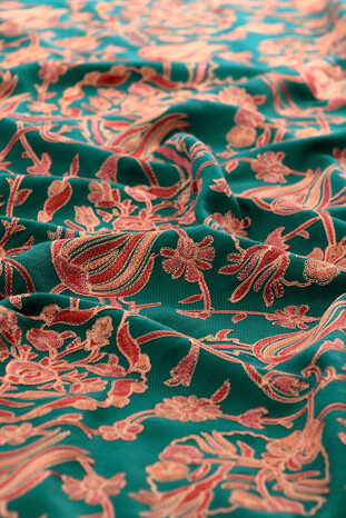 Green Pink Tulip Pattern Embroidered Wool Silk Shawl - Thumbnail