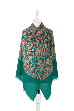 Green Pink Tulip Pattern Embroidered Wool Silk Shawl - Thumbnail