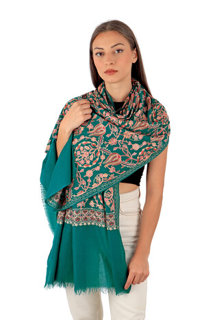 Green Pink Tulip Pattern Embroidered Wool Silk Shawl - Thumbnail