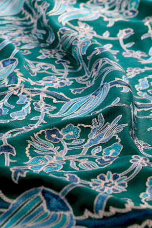 Green Turquoise Tulip Pattern Embroidered Wool Silk Shawl - Thumbnail