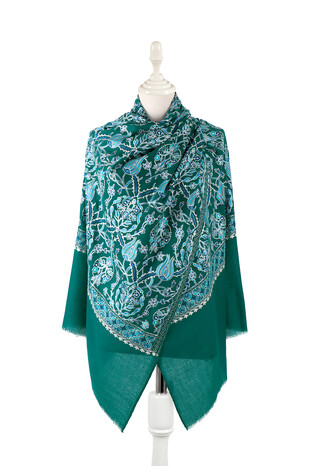 Green Turquoise Tulip Pattern Embroidered Wool Silk Shawl - Thumbnail