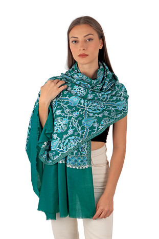 Green Turquoise Tulip Pattern Embroidered Wool Silk Shawl - Thumbnail