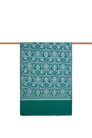 Green Turquoise Tulip Pattern Embroidered Wool Silk Shawl - Thumbnail