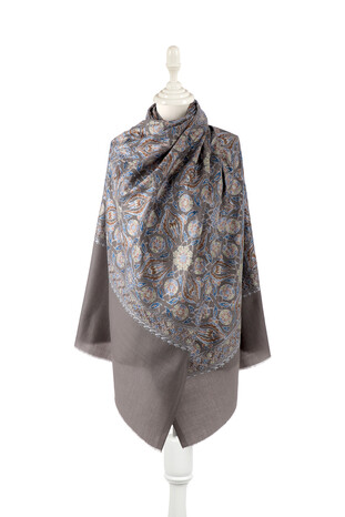 Grey Fully Embroidered Suzani Wool Shawl - Thumbnail