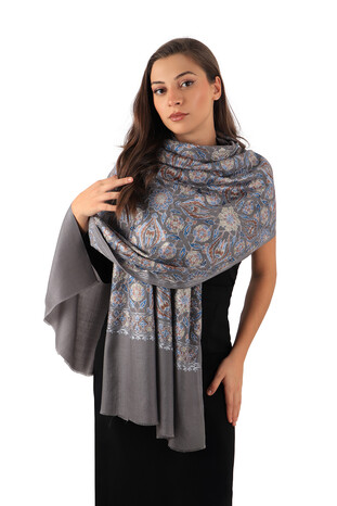 Grey Fully Embroidered Suzani Wool Shawl - Thumbnail