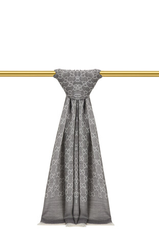 Grey G Pattern Wool Silk Scarf - Thumbnail