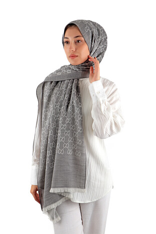 Grey G Pattern Wool Silk Scarf - Thumbnail