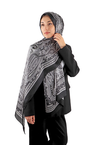 Grey Marrakesh Pattern Sura Silk Scarf - Thumbnail