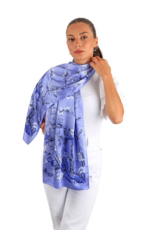 Ice Blue Almond Blossom Silky Foulard - Thumbnail