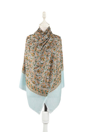 Ice Blue Embroidered Wool Silk Shawl - Thumbnail