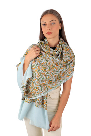 Ice Blue Embroidered Wool Silk Shawl - Thumbnail