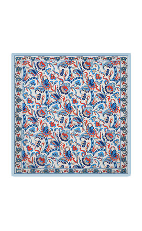 Ice Blue Floral Pattern Voile Silk Square Scarf - Thumbnail