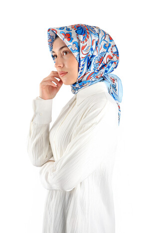 Ice Blue Floral Pattern Voile Silk Square Scarf - Thumbnail