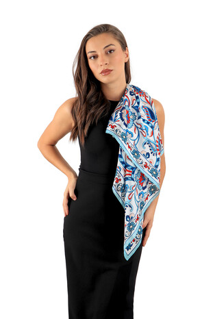 Ice Blue Floral Pattern Voile Silk Square Scarf - Thumbnail