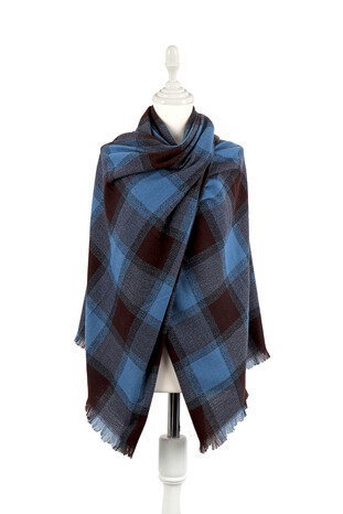 Indigo Brown Plaid Pattern Winter Shawl - Thumbnail