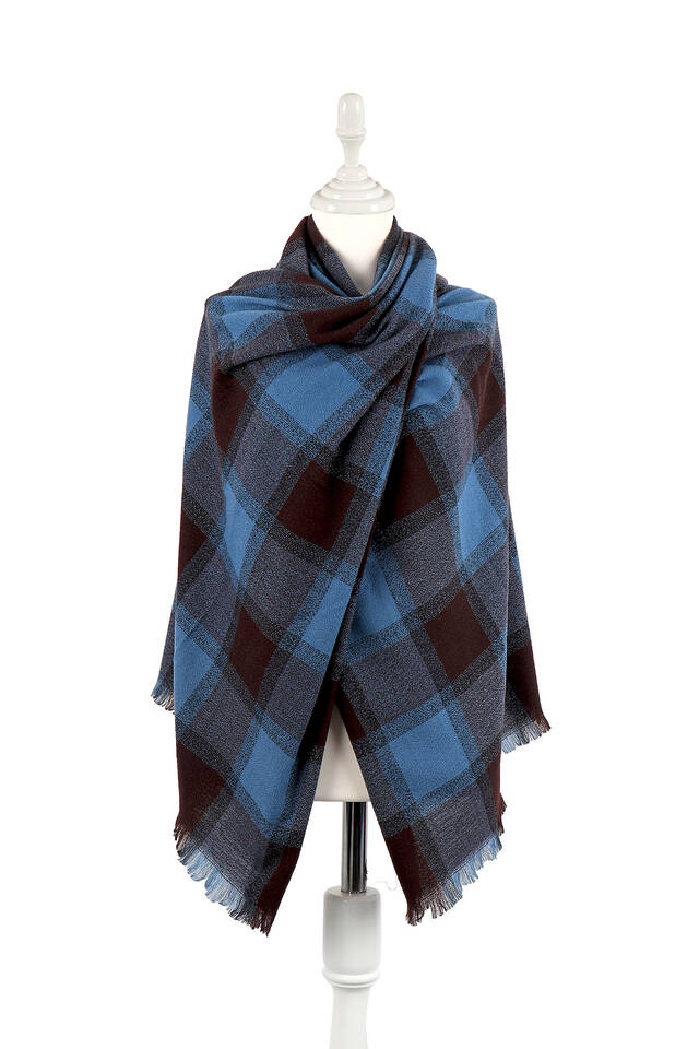 Indigo Brown Plaid Pattern Winter Shawl - 1