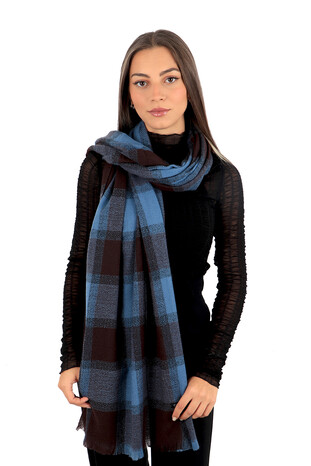 Indigo Brown Plaid Pattern Winter Shawl - Thumbnail