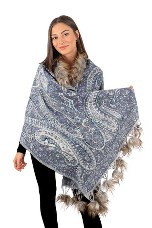 Indigo Embroidered Fur Pompom Winter Shawl - Thumbnail