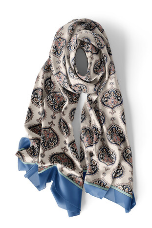 Indigo Hatai Pattern Narrow Silk Foulard - Thumbnail