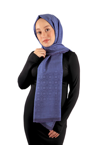 Indigo Monogram Pattern Silk Cotton Scarf - Thumbnail