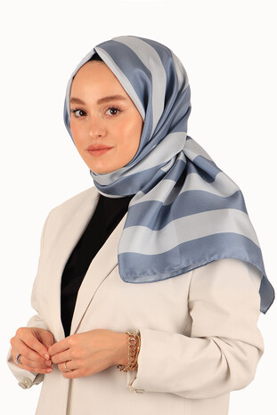 Indigo Stripe Pattern Twill Silk Scarf - Thumbnail