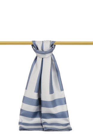 Indigo Stripe Pattern Twill Silk Scarf - Thumbnail