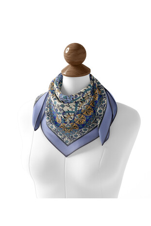 Indigo Tile Tulip Pattern Soft Square Scarf - Thumbnail