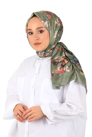 Khaki Almond Blossom Silky Scarf - Thumbnail