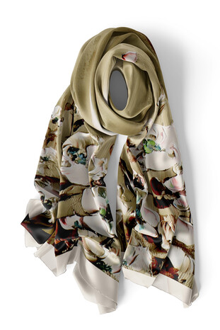 Khaki Anemone Pattern Silk Foulard - Thumbnail