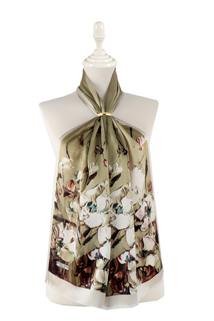 Khaki Anemone Pattern Silk Foulard - Thumbnail