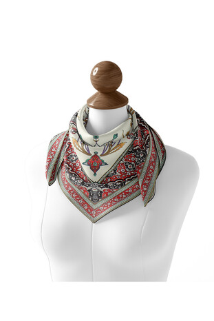 Khaki Candlestick Tulip Pattern Soft Square Scarf - Thumbnail