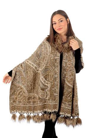 Khaki Embroidered Fur Pompom Winter Shawl - Thumbnail