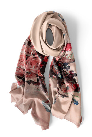 Khaki Floral Narrow Silk Foulard - Thumbnail