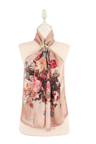 Khaki Floral Narrow Silk Foulard - Thumbnail