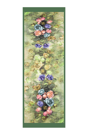 Khaki Flower Pattern Silky Scarf - Thumbnail