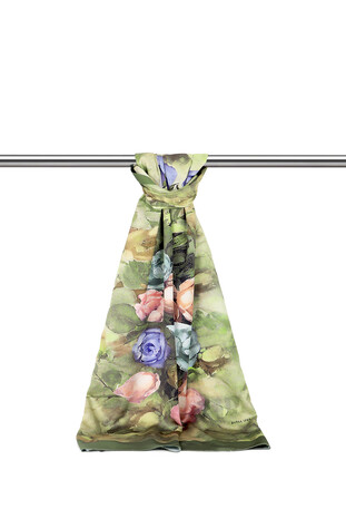 Khaki Flower Pattern Silky Scarf - Thumbnail