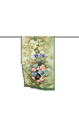 Khaki Flower Pattern Silky Scarf - Thumbnail