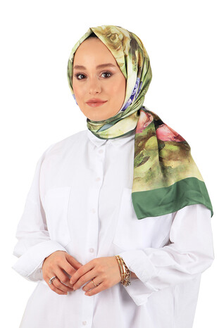 Khaki Flower Pattern Silky Scarf - Thumbnail