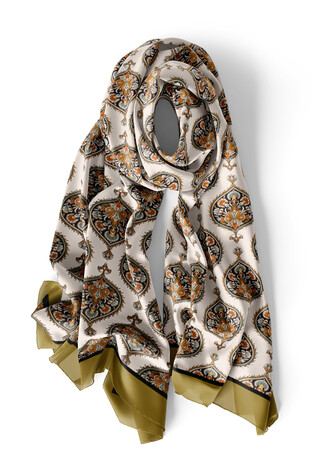 Khaki Hatai Pattern Narrow Silk Foulard - Thumbnail