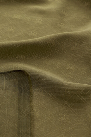 Khaki Monogram Pattern Silk Cotton Scarf - Thumbnail