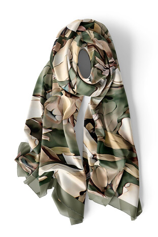 Khaki Narcissus Pattern Silk Foulard - Thumbnail