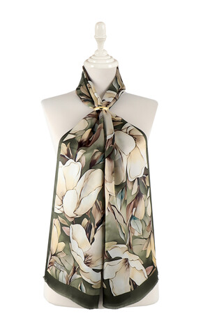 Khaki Narcissus Pattern Silk Foulard - Thumbnail