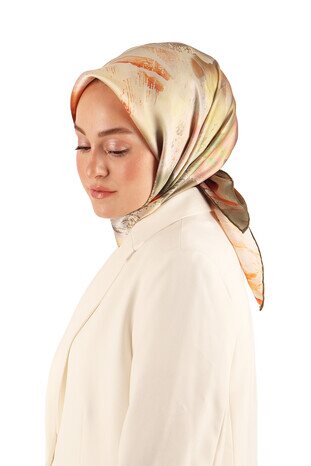 Khaki Pastel Pattern Sura Silk Scarf - Thumbnail