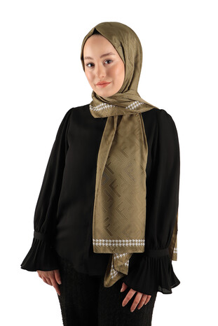 Khaki Patterned Silky Scarf - Thumbnail