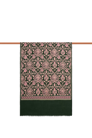 Khaki Pink Tulip Pattern Embroidered Wool Silk Shawl - Thumbnail