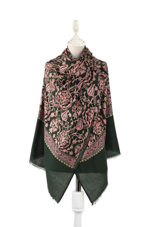 Khaki Pink Tulip Pattern Embroidered Wool Silk Shawl - Thumbnail