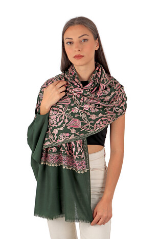 Khaki Pink Tulip Pattern Embroidered Wool Silk Shawl - Thumbnail